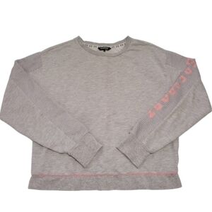 BEBE SPORT Gray Crop Crewneck Sweatshirt Pink Lettering on Sleeve & Net Overlay